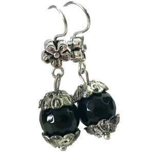 Silver Onyx Bead Earrings Retro Flower Boho Dangle 10mm Faceted Bohemian Plated